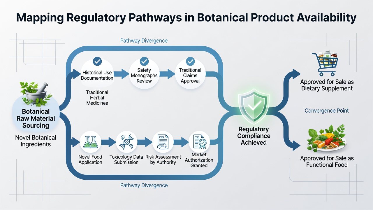 Flowchart showing steps in botanical product registration across international regulatory bodies